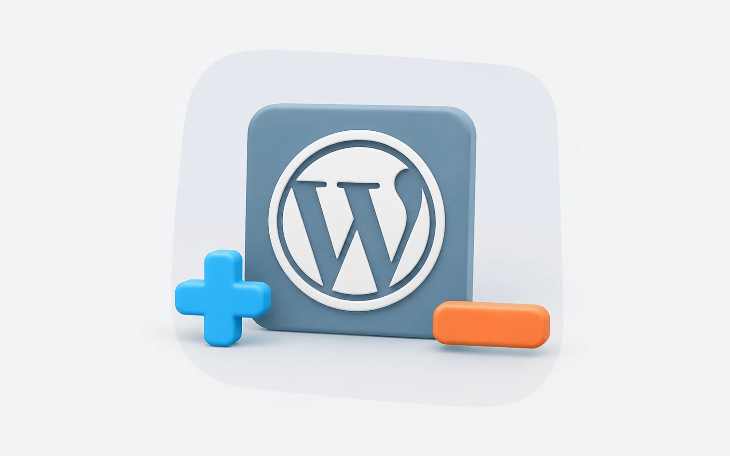 Das WordPress-Logo zwischen einem Pluszeichen für Vorteile und einem Minuszeichen für Nachteile