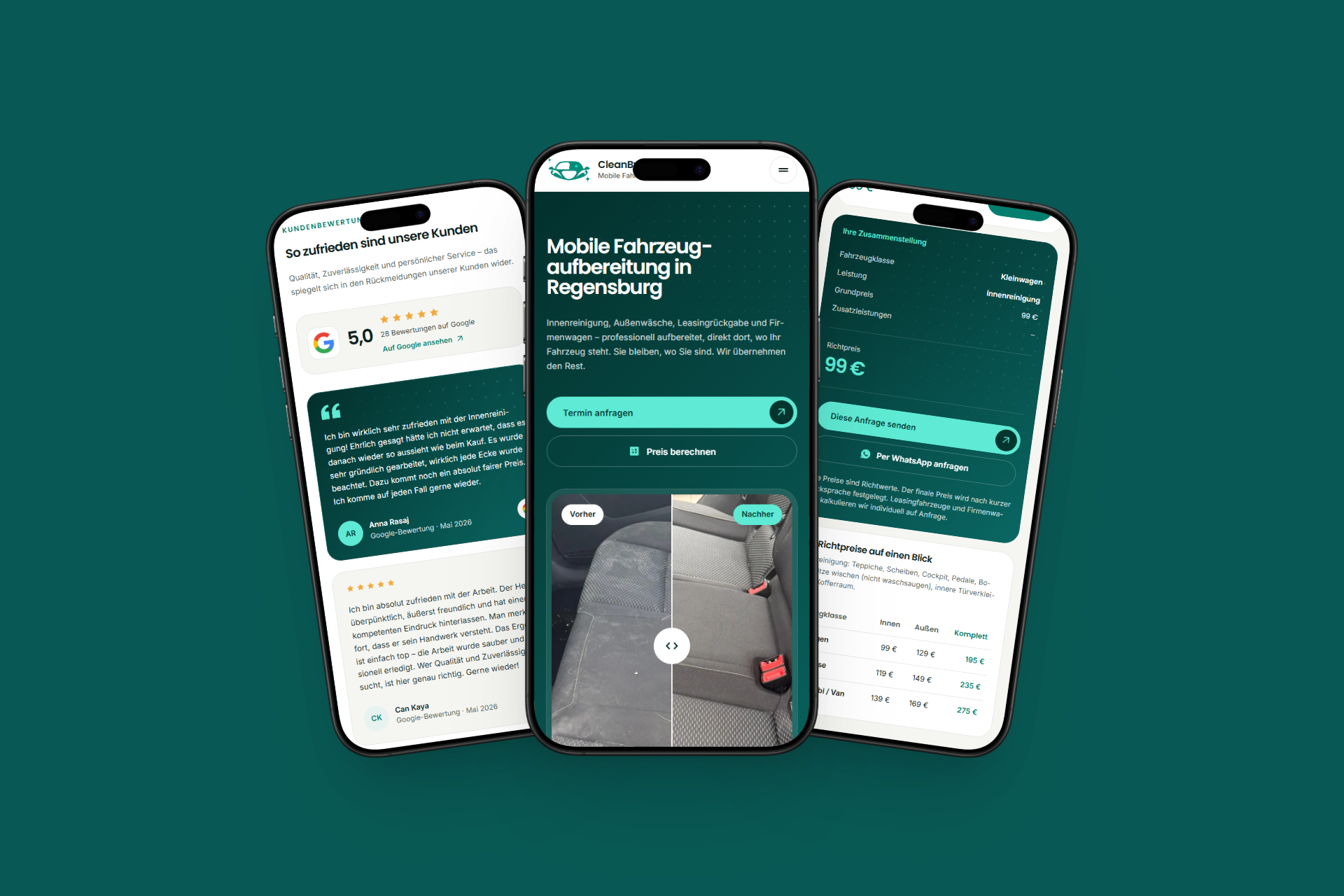 Neue Website von CleanBy in der Smartphone-Ansicht auf drei Smartphones