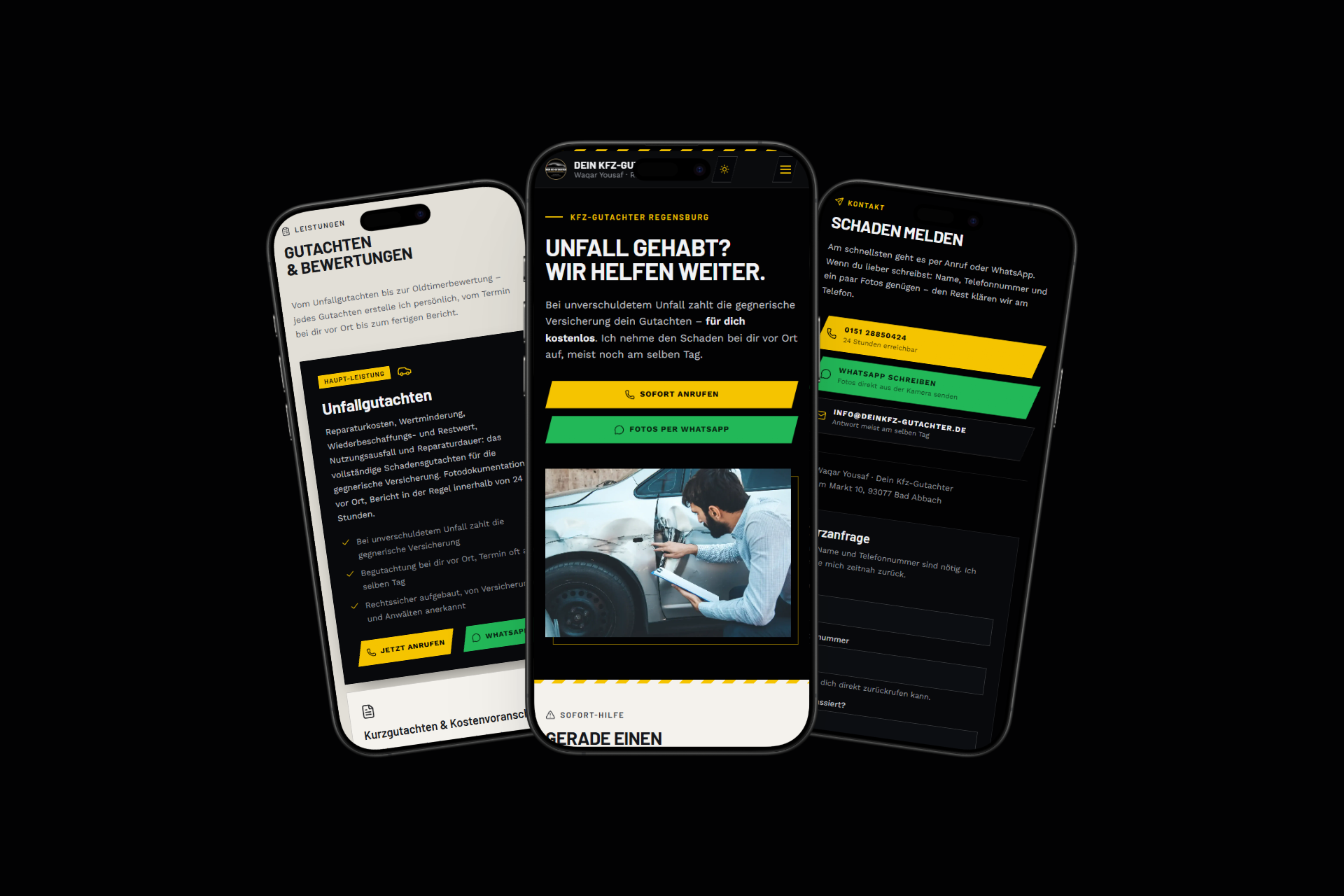 Neue Website von DeinKfz-Gutachter in der Smartphone-Ansicht auf drei Smartphones