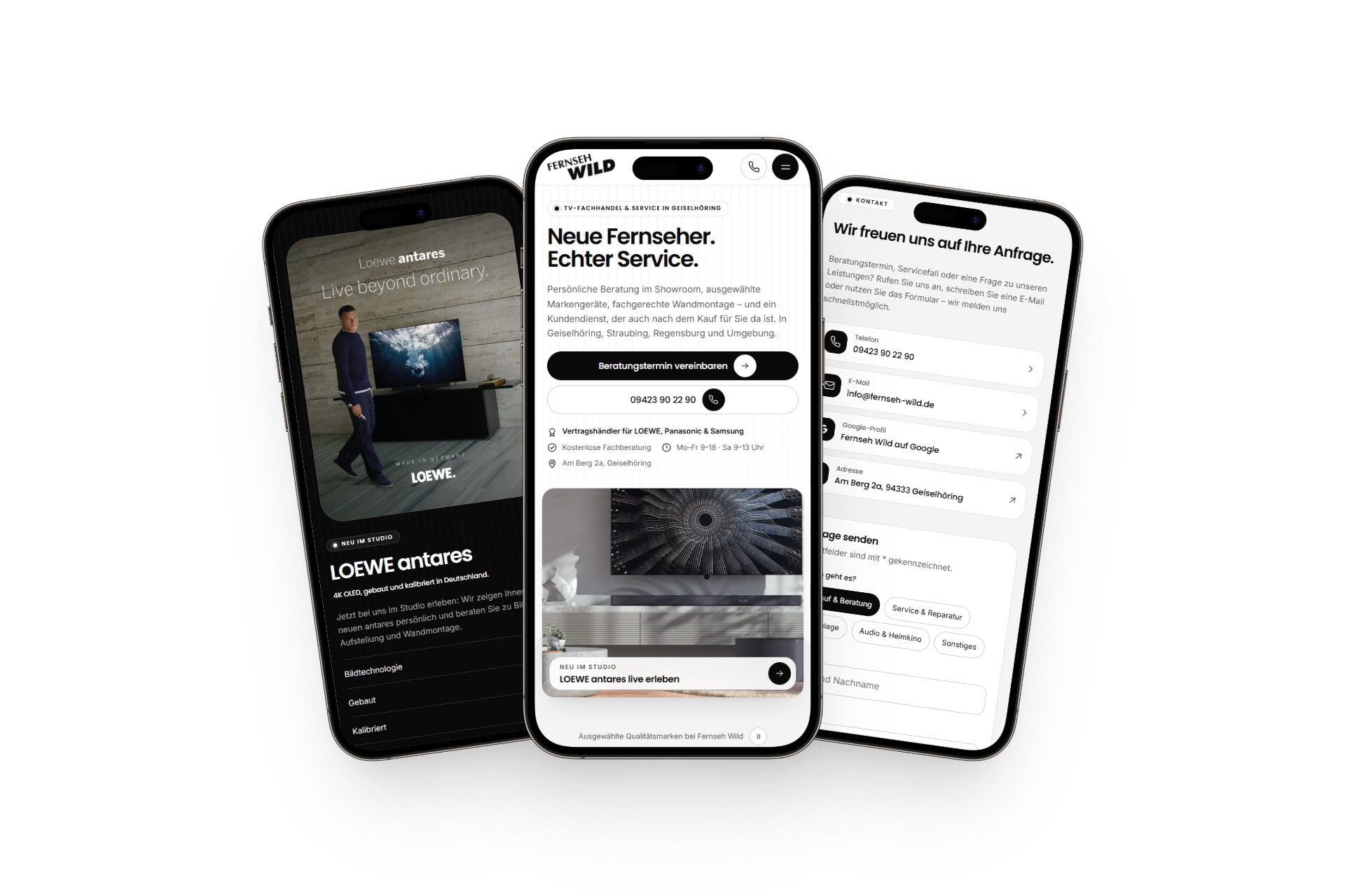 Neue Website von Fernseh Wild in der Smartphone-Ansicht auf drei Smartphones